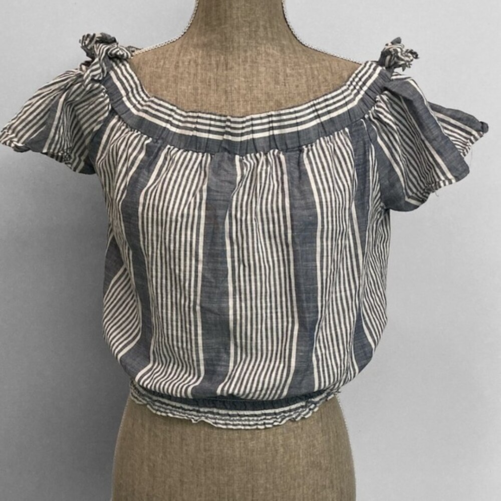 Chocolate Blue Stripe Off the Shoulder Crop Cap Sleeve Boho Top Large​​​​​​​​